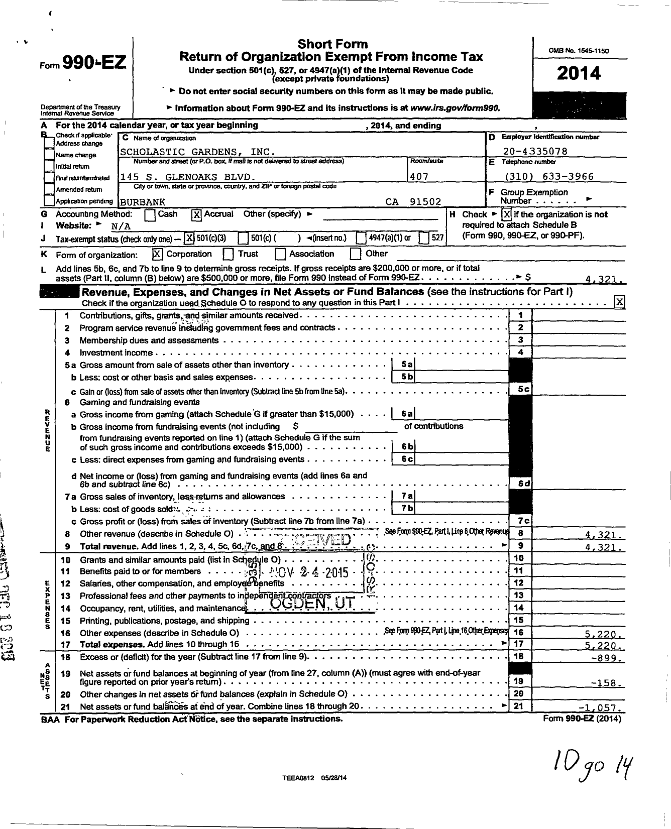 Image of first page of 2014 Form 990EZ for Scholastic Gardens