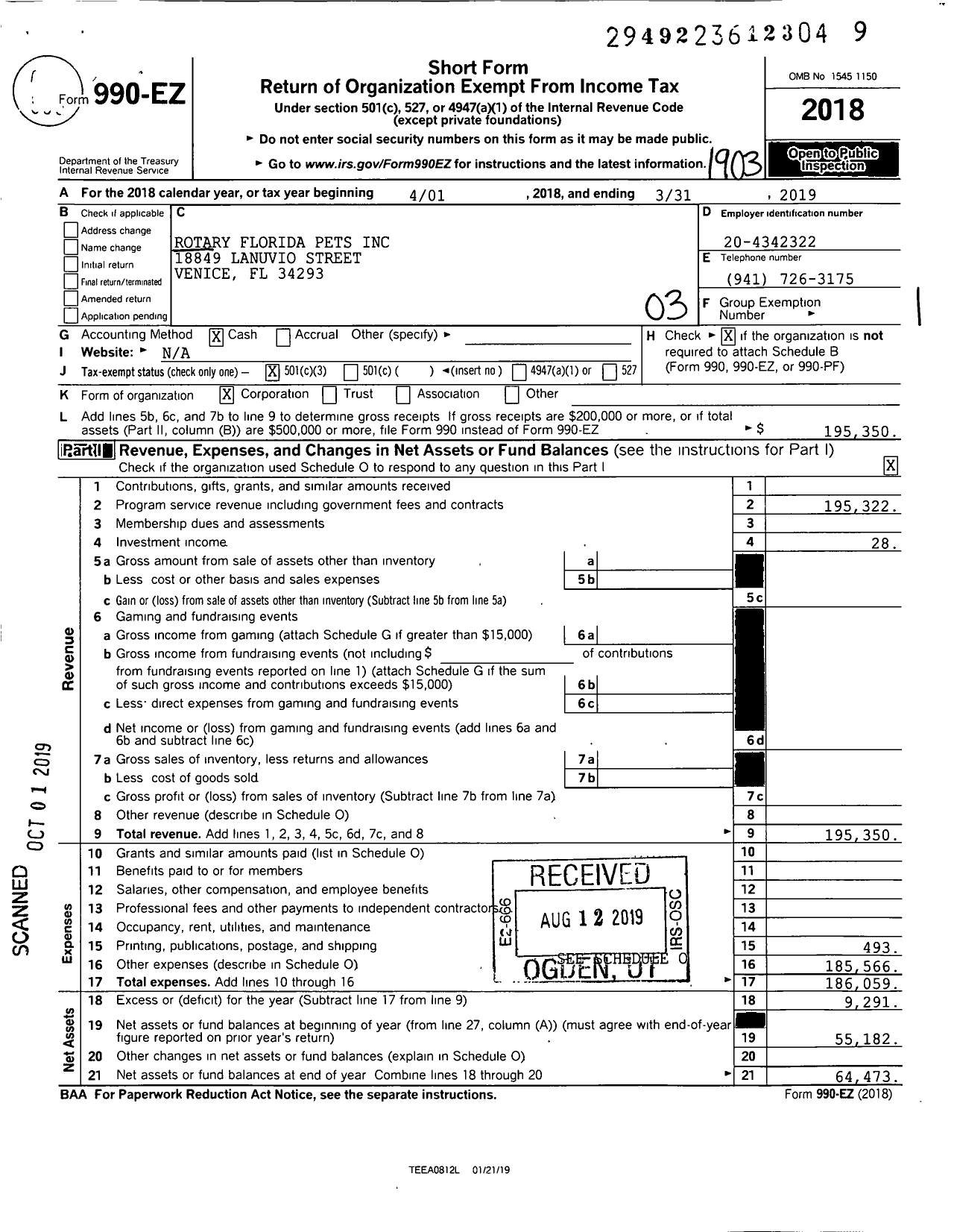 Image of first page of 2018 Form 990EZ for Rotary Florida Pets