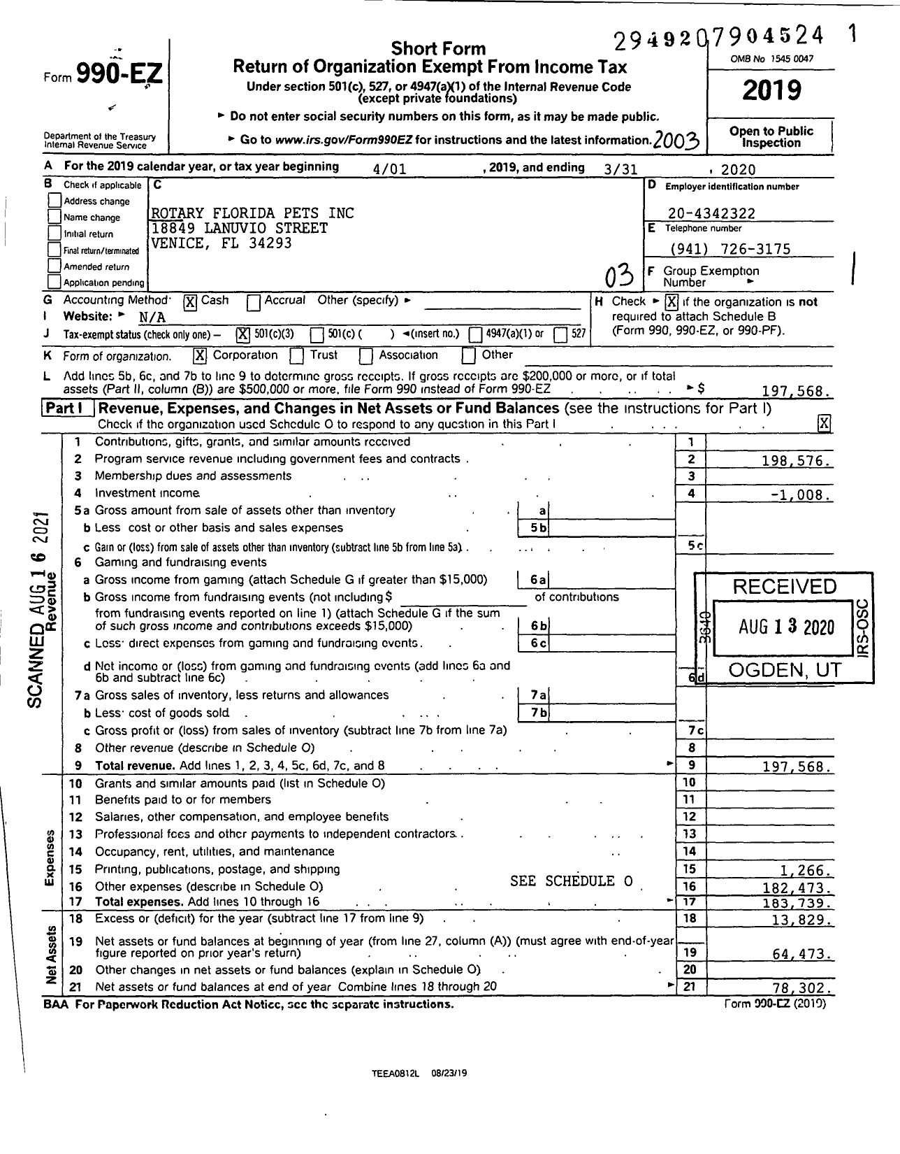 Image of first page of 2019 Form 990EZ for Rotary Florida Pets