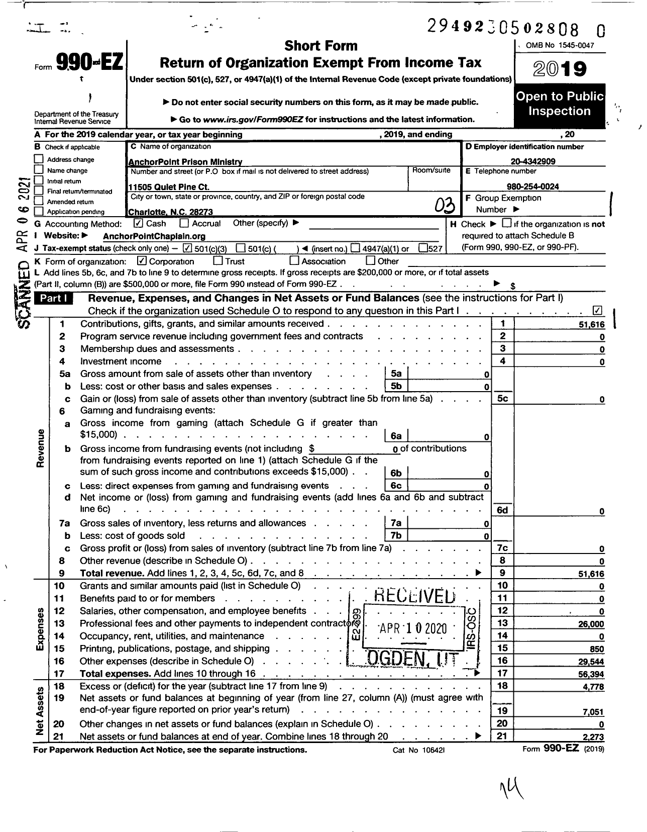 Image of first page of 2019 Form 990EZ for Anchorpoint Prison Ministry