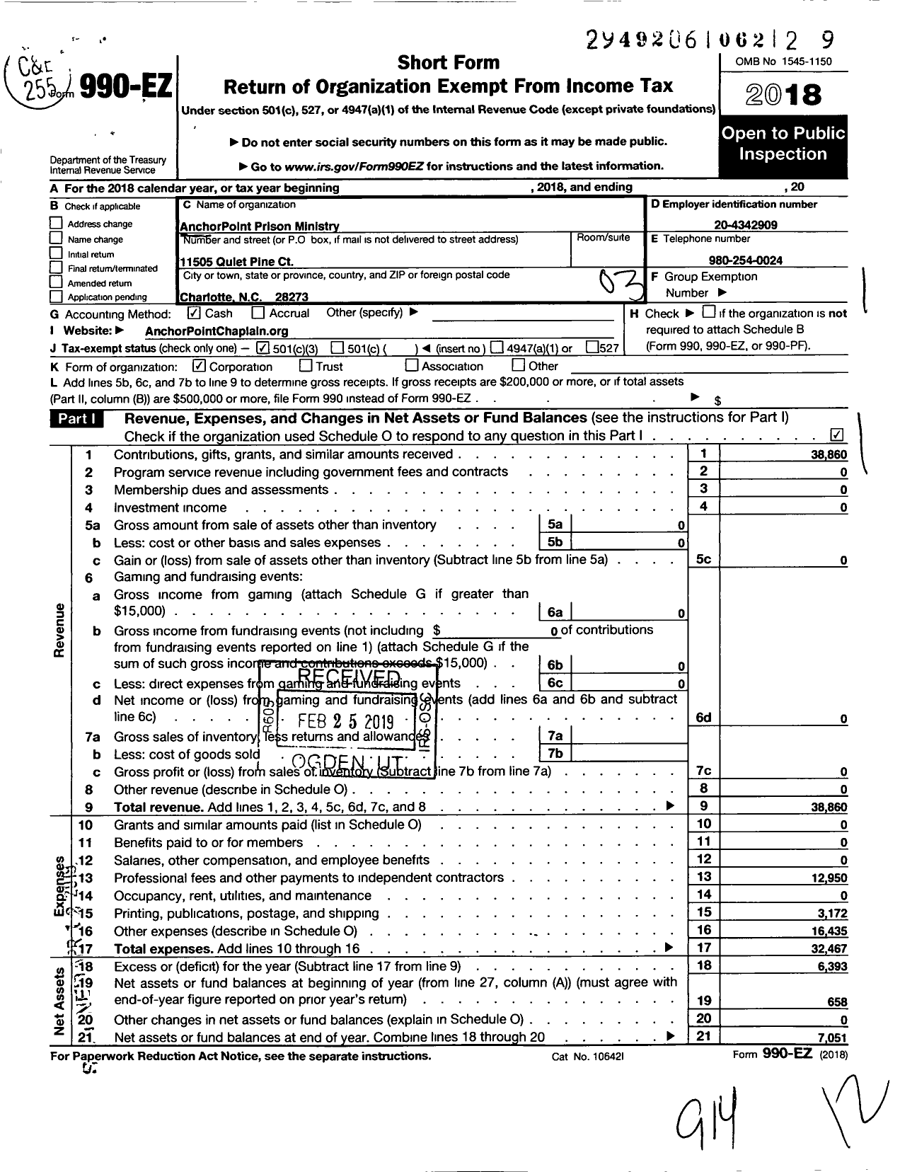 Image of first page of 2018 Form 990EZ for Anchorpoint Prison Ministry