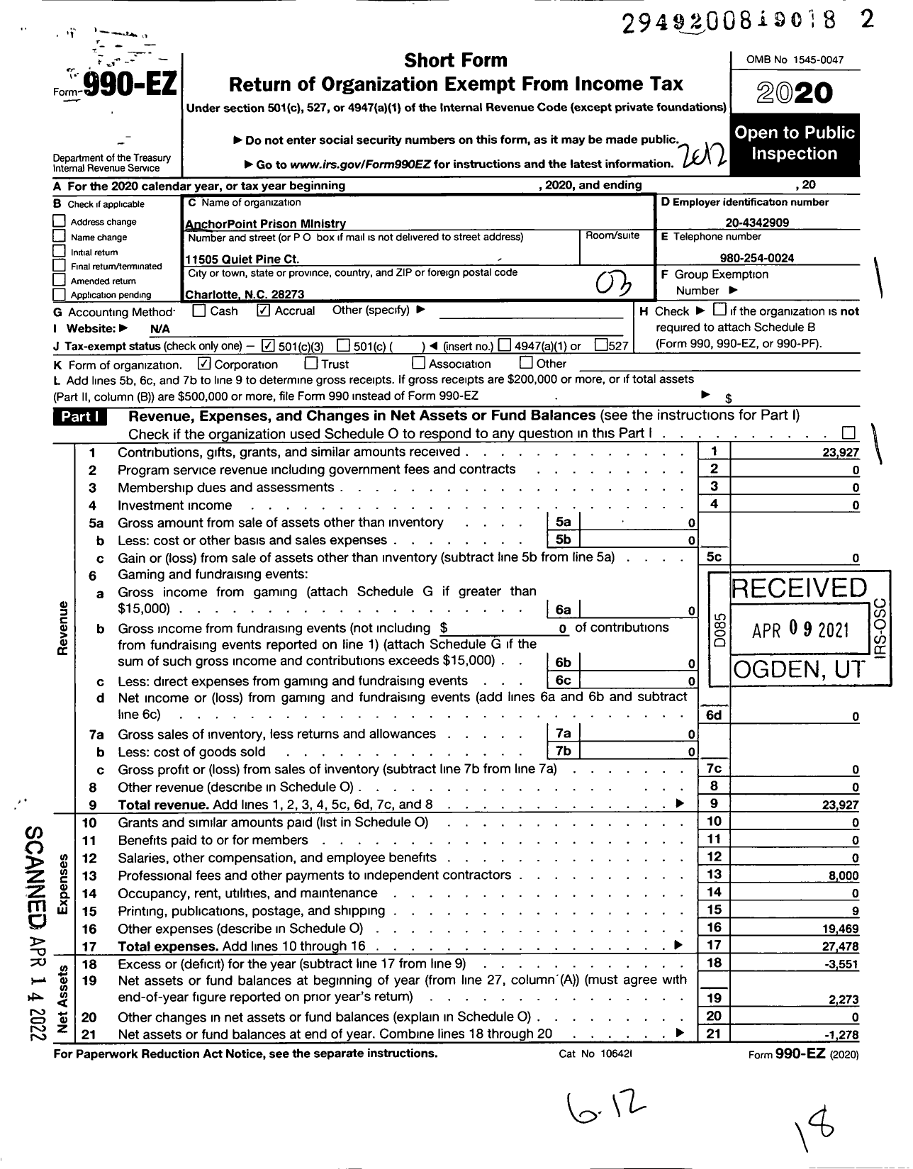 Image of first page of 2020 Form 990EZ for Anchorpoint Prison Ministry