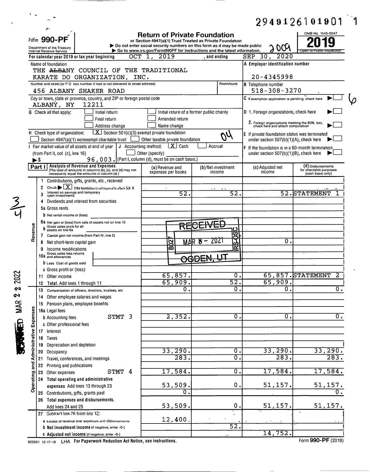 Image of first page of 2019 Form 990PF for Albany Council of the Traditional Karate Do Organization