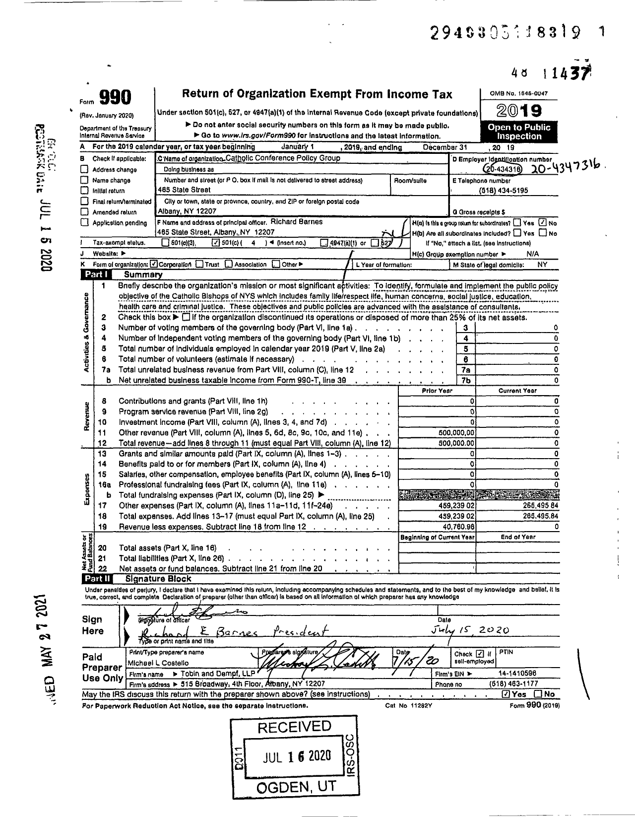Image of first page of 2019 Form 990O for Catholic Conference Policy Group