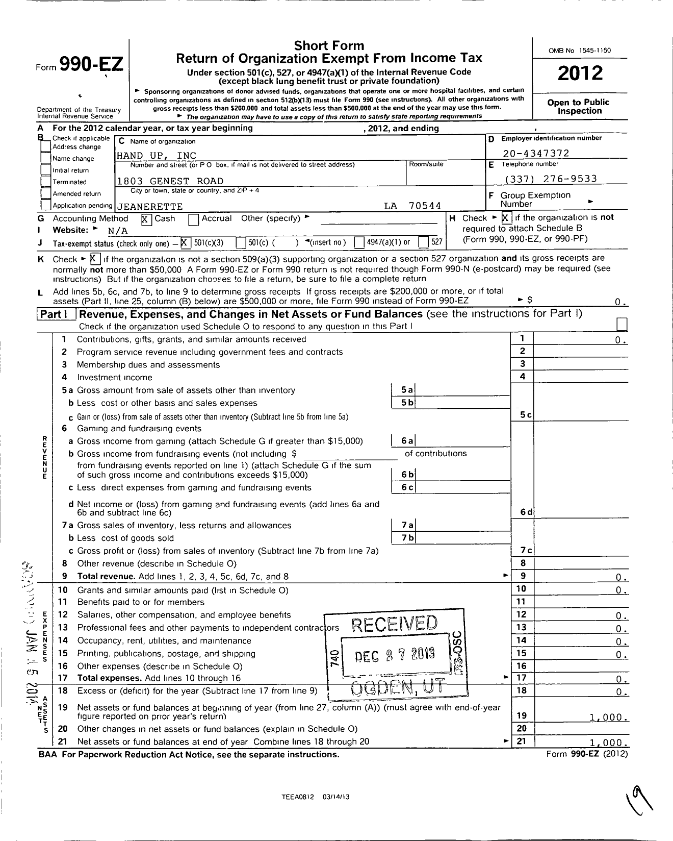 Image of first page of 2012 Form 990EZ for Hand Up