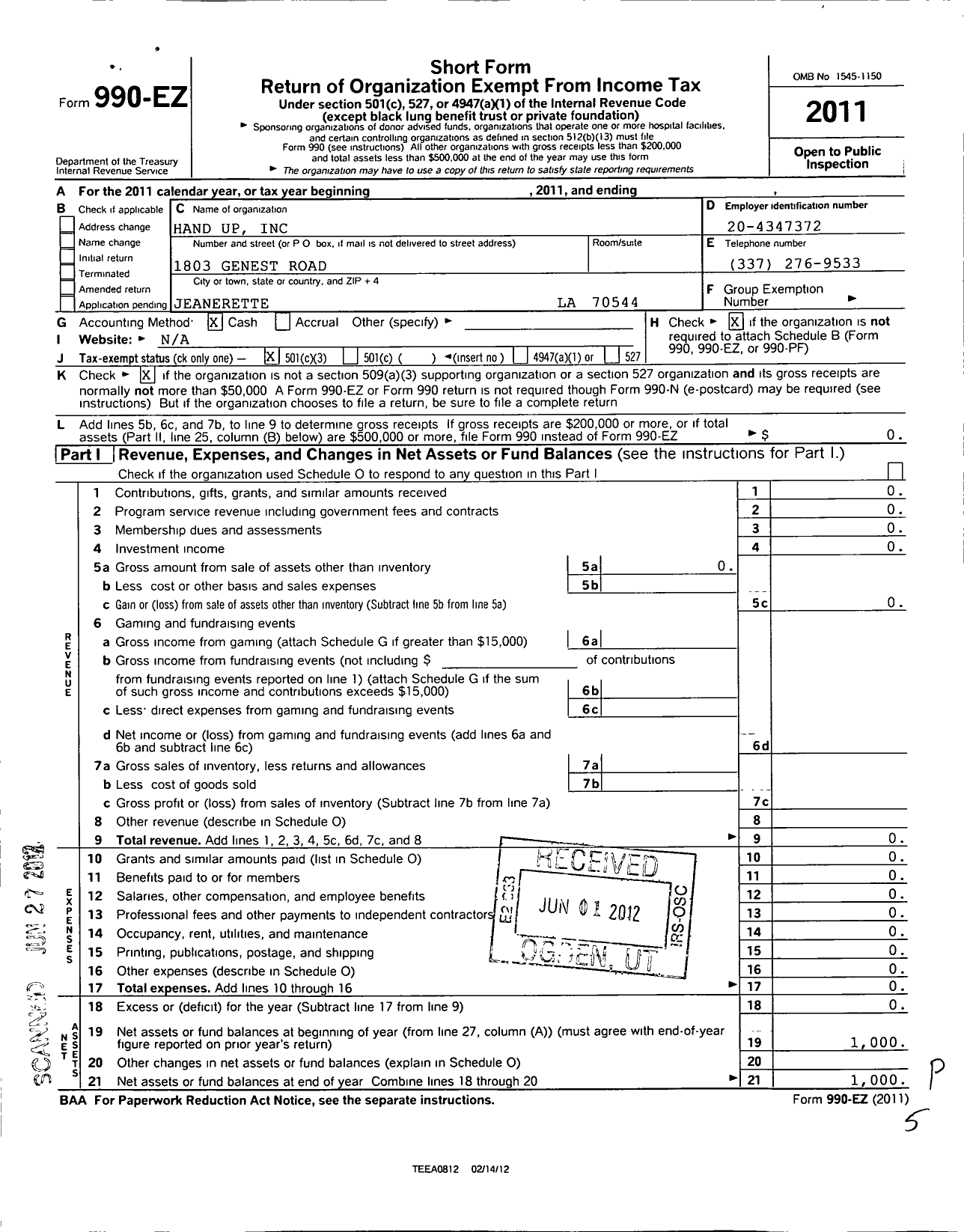 Image of first page of 2011 Form 990EZ for Hand Up