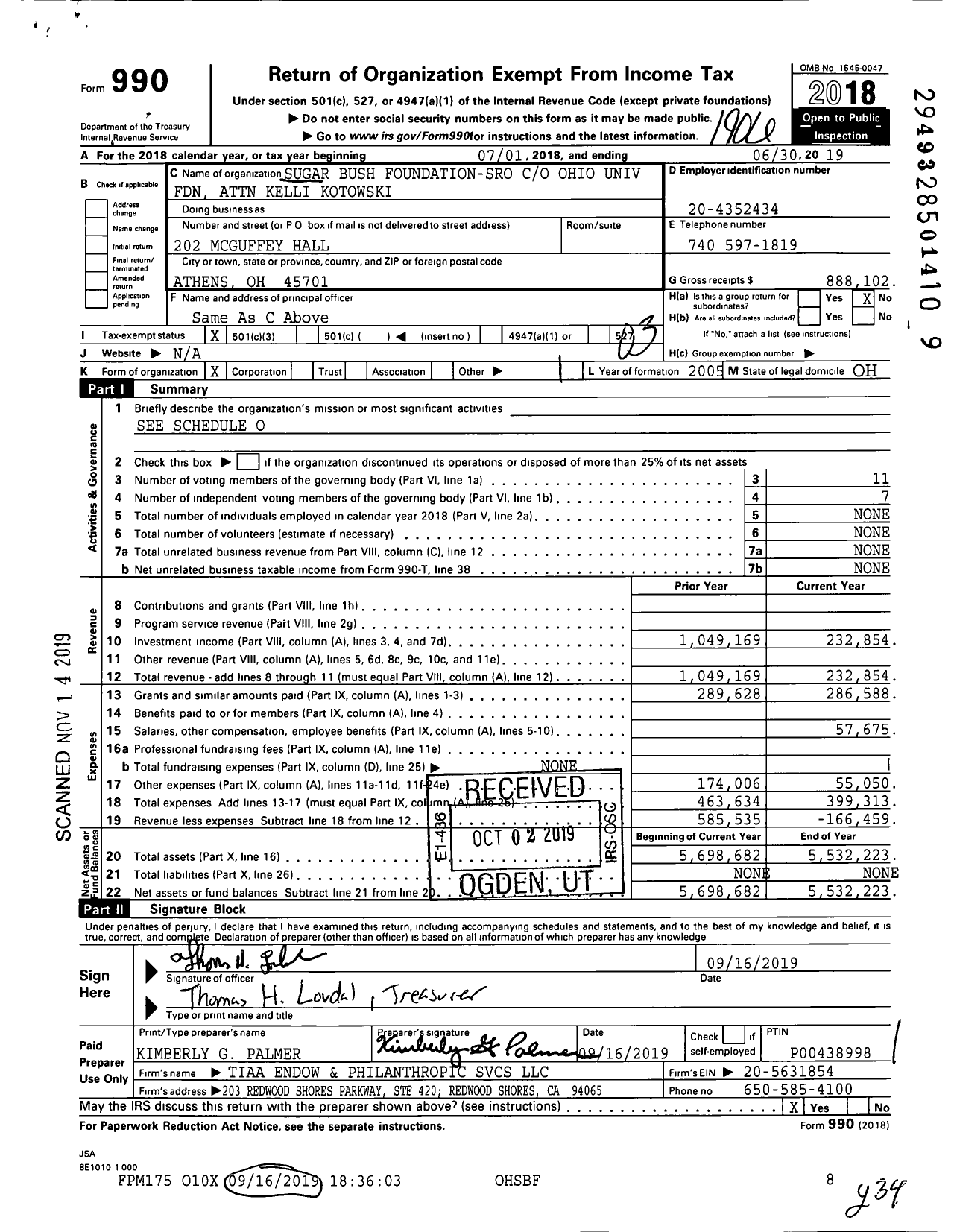 Image of first page of 2018 Form 990 for Sugar Bush Foundation-Sro Ohio Univ