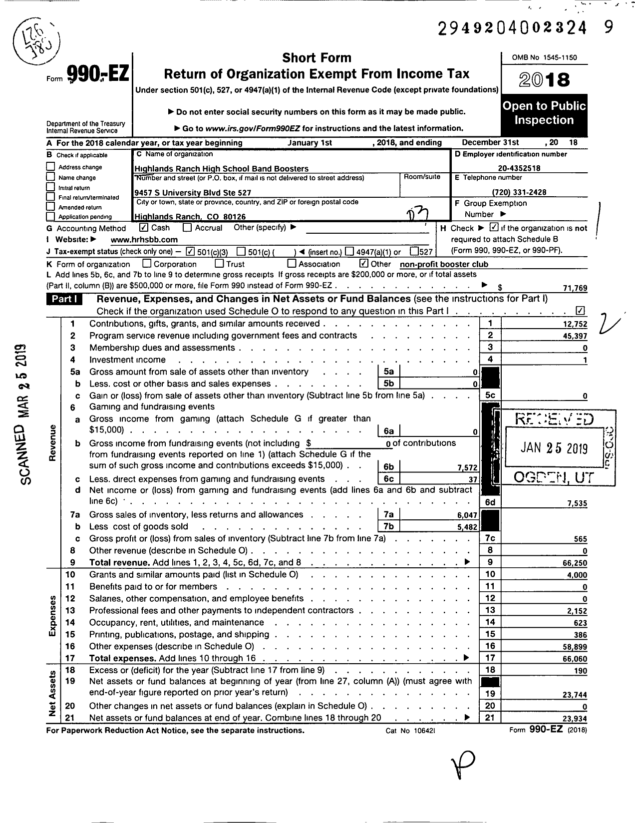 Image of first page of 2018 Form 990EZ for Highlands Ranch High School Band Boosters