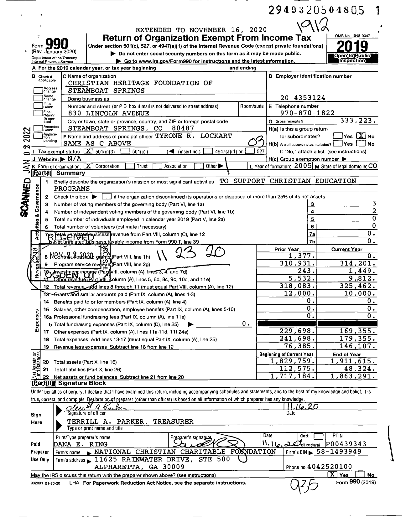 Image of first page of 2019 Form 990 for CHRISTIAN HERITAGE FOUNDATION OF STEAMBoaT SPRINGS