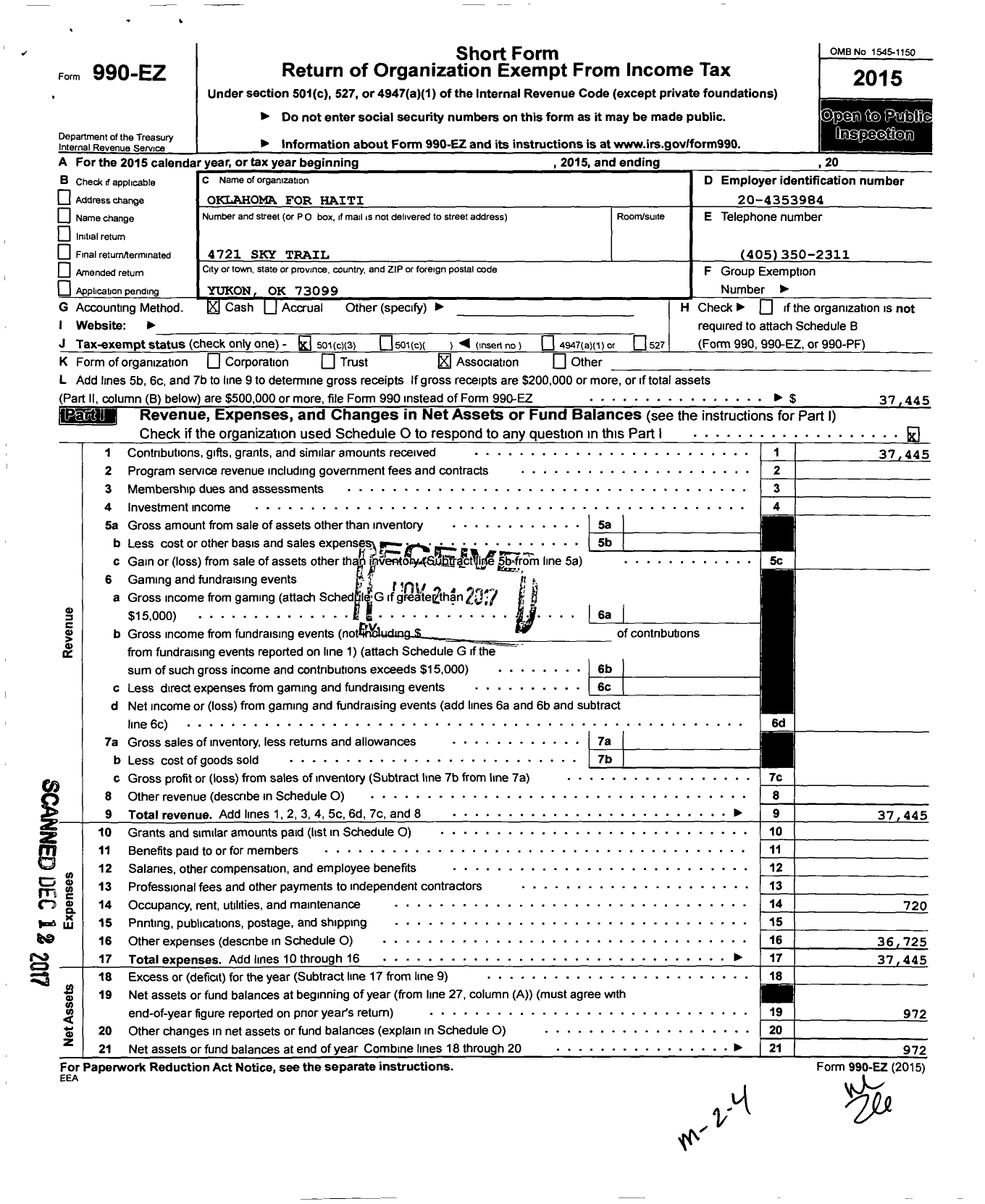 Image of first page of 2015 Form 990EZ for Oklahoma for Haiti