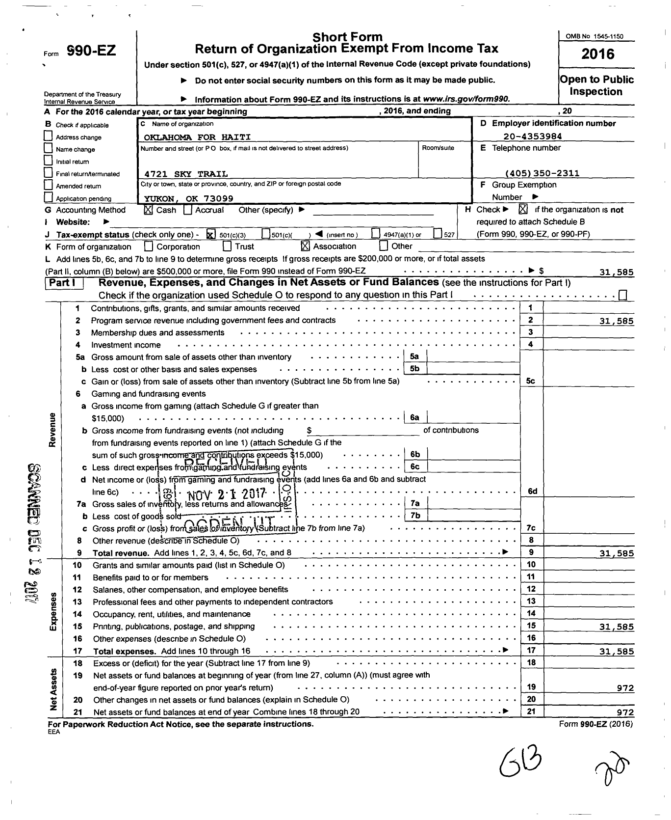 Image of first page of 2016 Form 990EZ for Oklahoma for Haiti