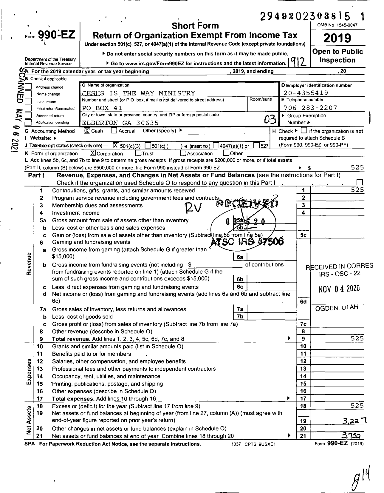 Image of first page of 2019 Form 990EZ for Jesus Is The Way Ministry