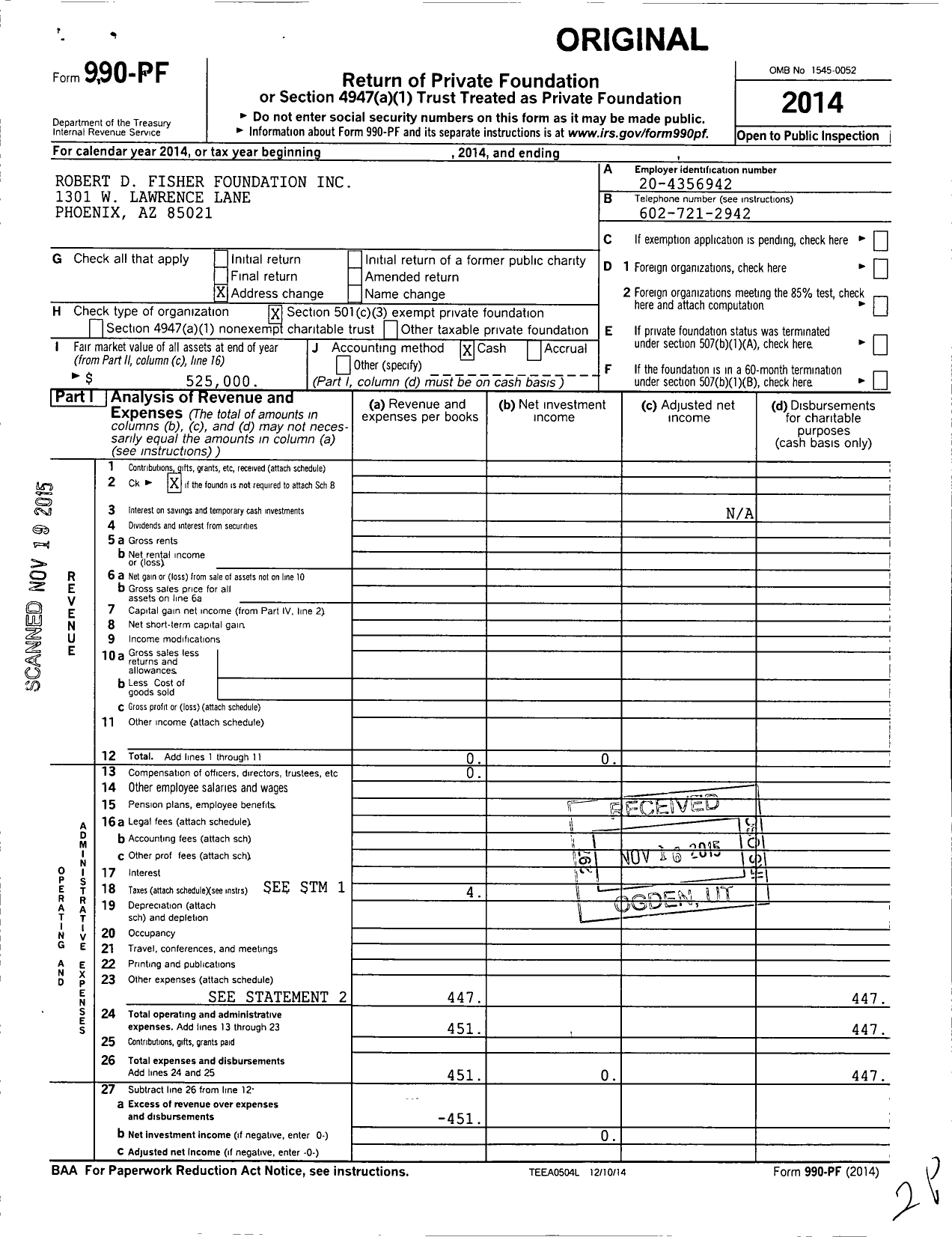 Image of first page of 2014 Form 990PF for Robert D Fisher Foundation