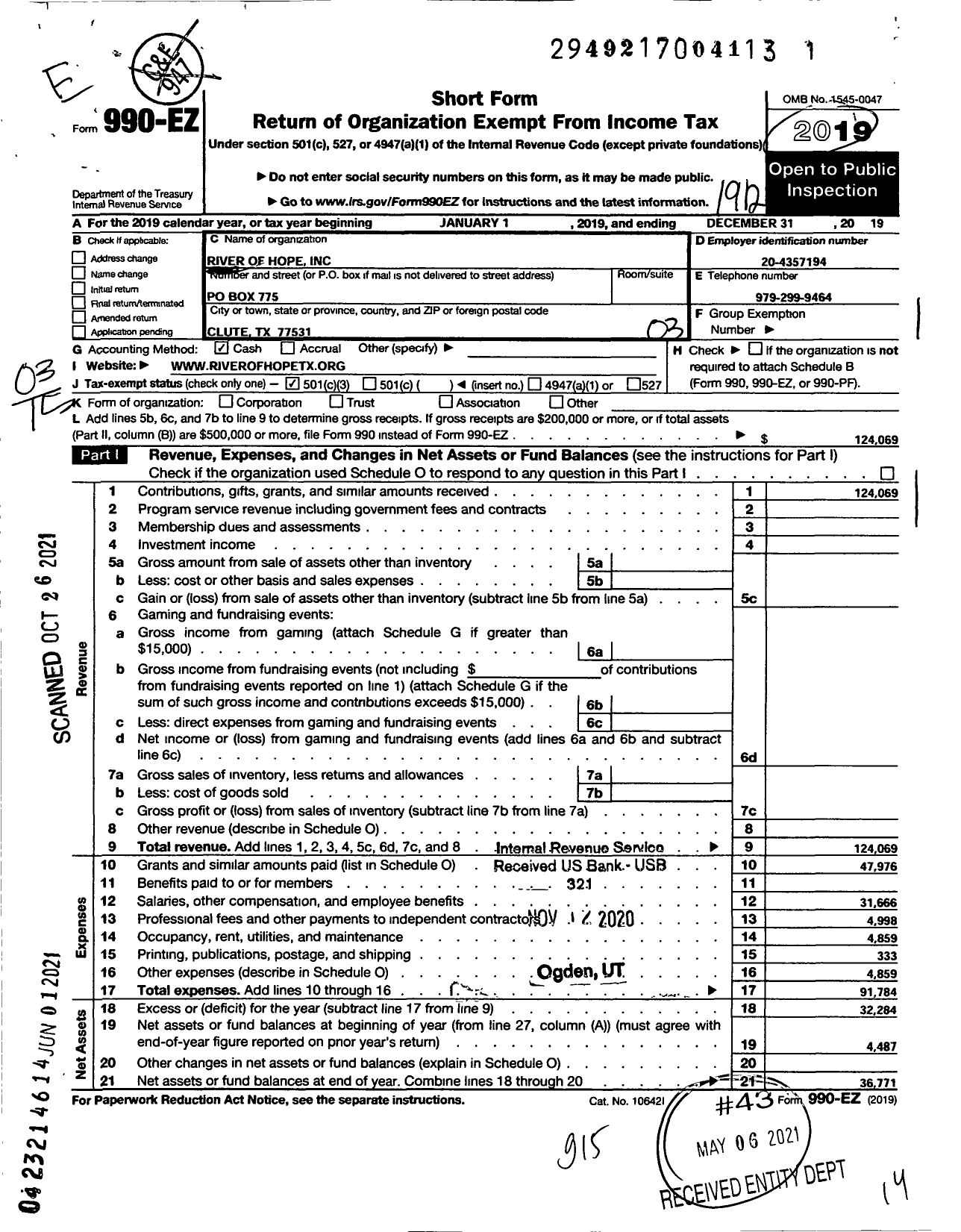 Image of first page of 2019 Form 990EZ for River of Hope