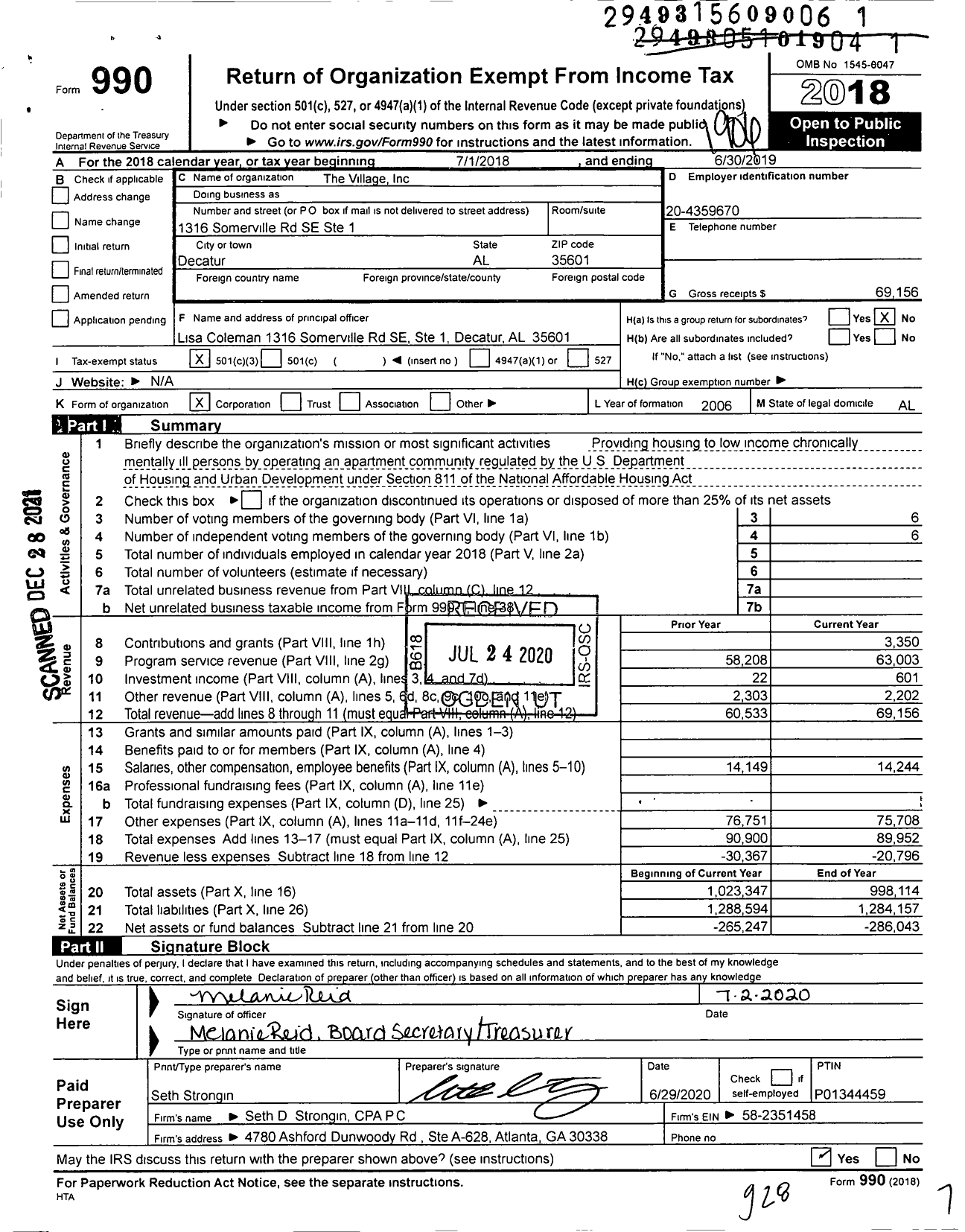 Image of first page of 2018 Form 990 for The Village