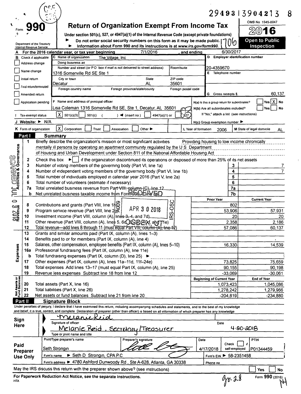 Image of first page of 2016 Form 990 for The Village