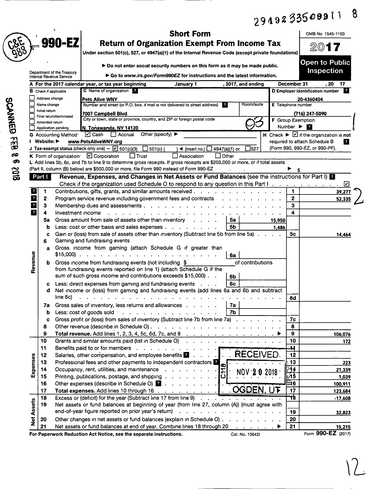 Image of first page of 2017 Form 990EZ for Pets Alive Wny