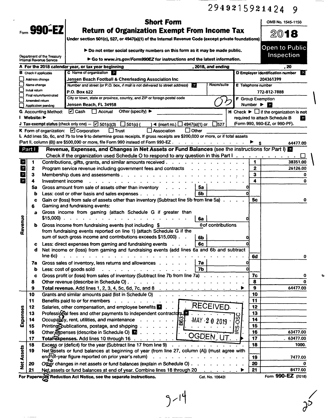 Image of first page of 2018 Form 990EZ for Jensen Beach Football and Cheerleading Association