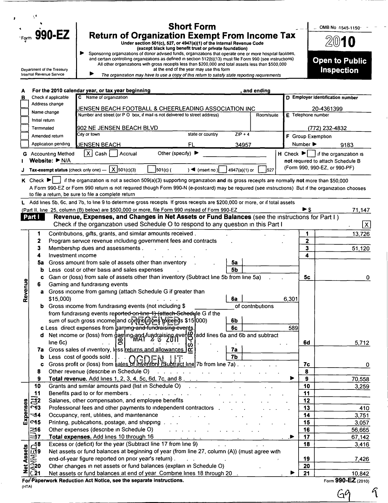 Image of first page of 2010 Form 990EZ for Jensen Beach Football and Cheerleading Association