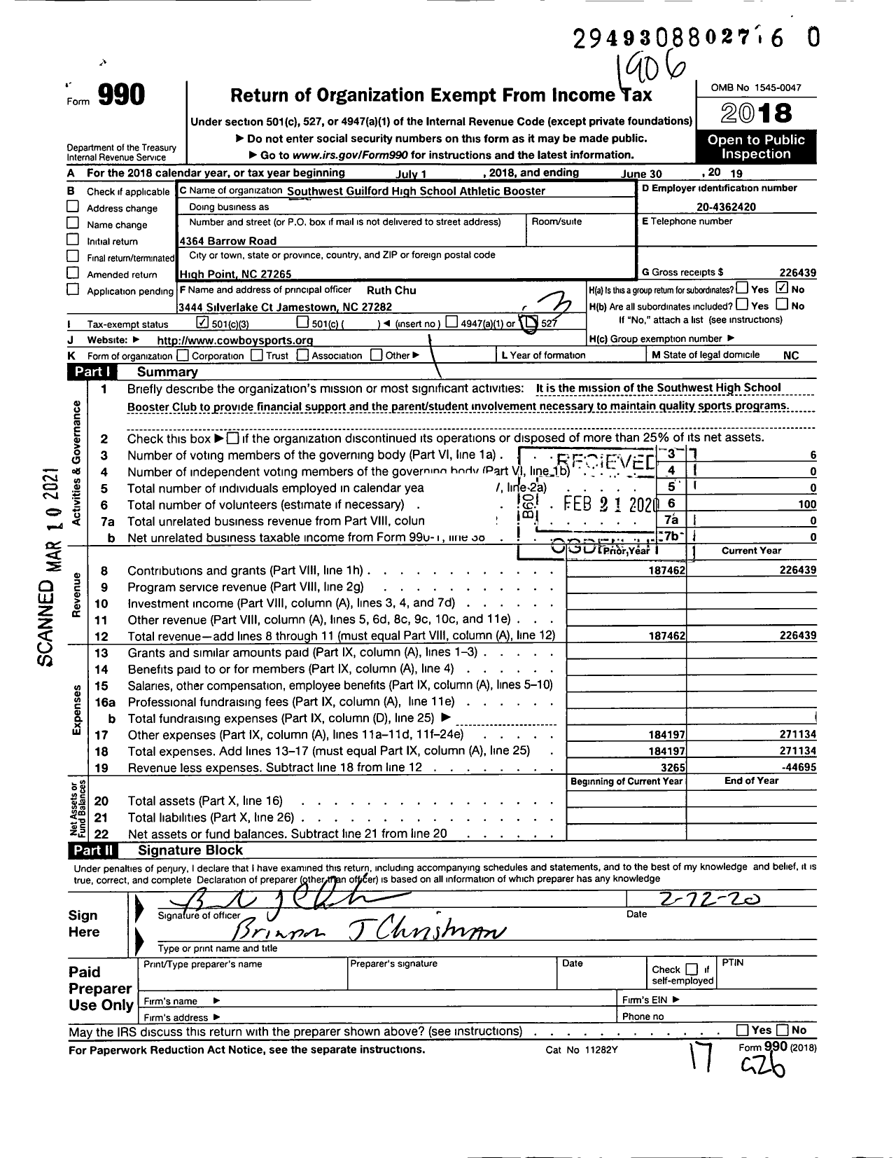 Image of first page of 2018 Form 990 for Southwest Guilford High School Athletic Booster