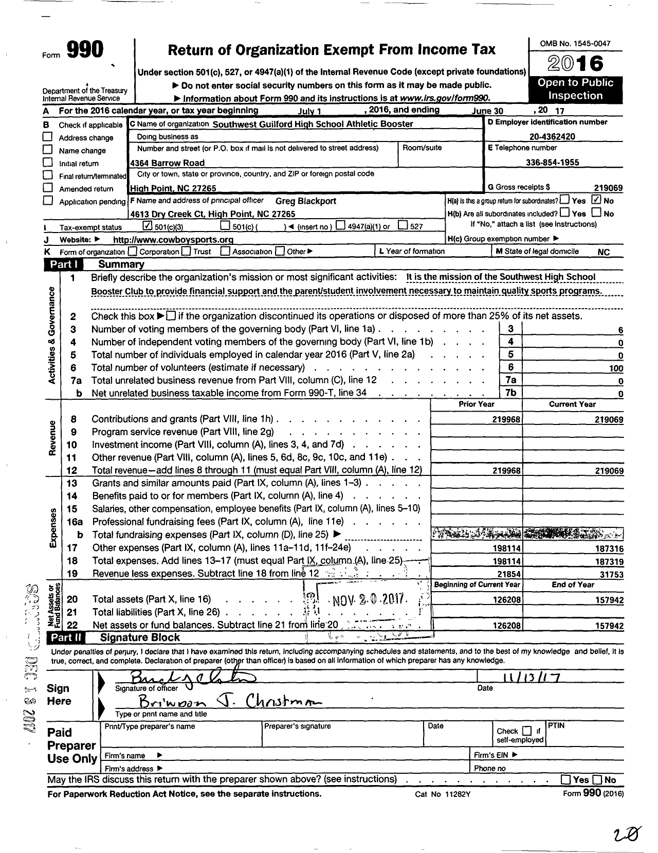 Image of first page of 2016 Form 990 for Southwest Guilford High School Athletic Booster