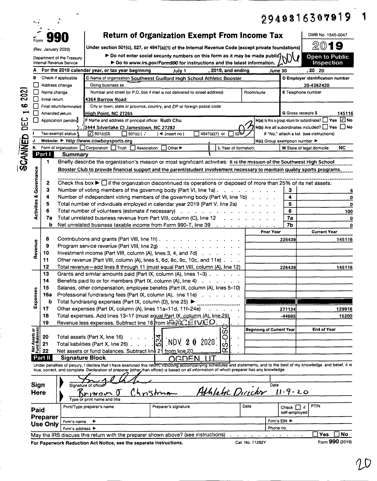 Image of first page of 2019 Form 990 for Southwest Guilford High School Athletic Booster