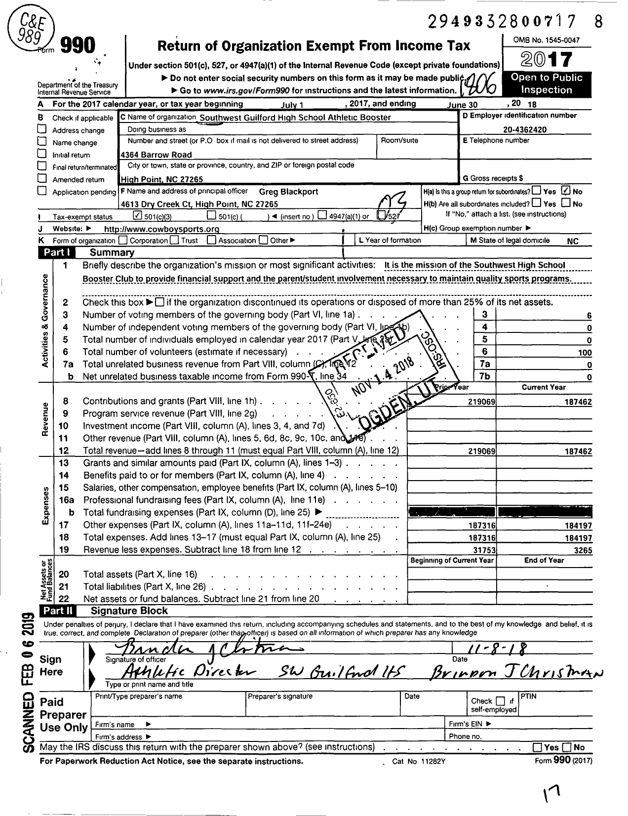 Image of first page of 2017 Form 990 for Southwest Guilford High School Athletic Booster