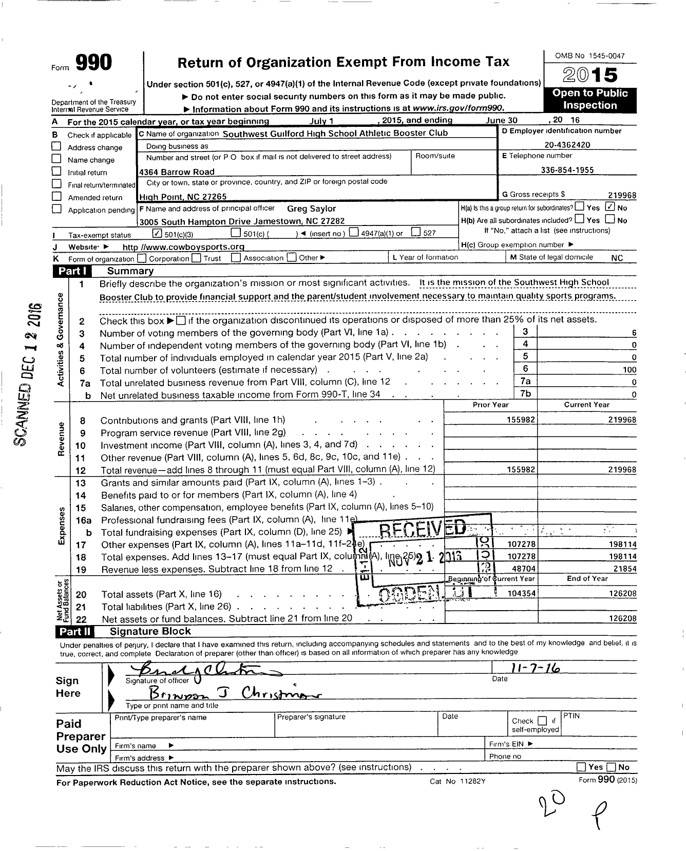 Image of first page of 2015 Form 990 for Southwest Guilford High School Athletic Booster