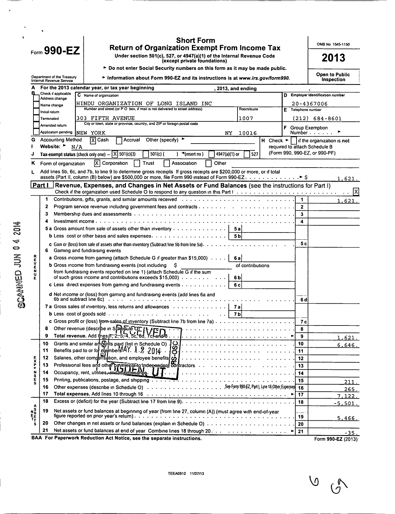 Image of first page of 2013 Form 990EZ for Us-India Pragati Foundation Inc