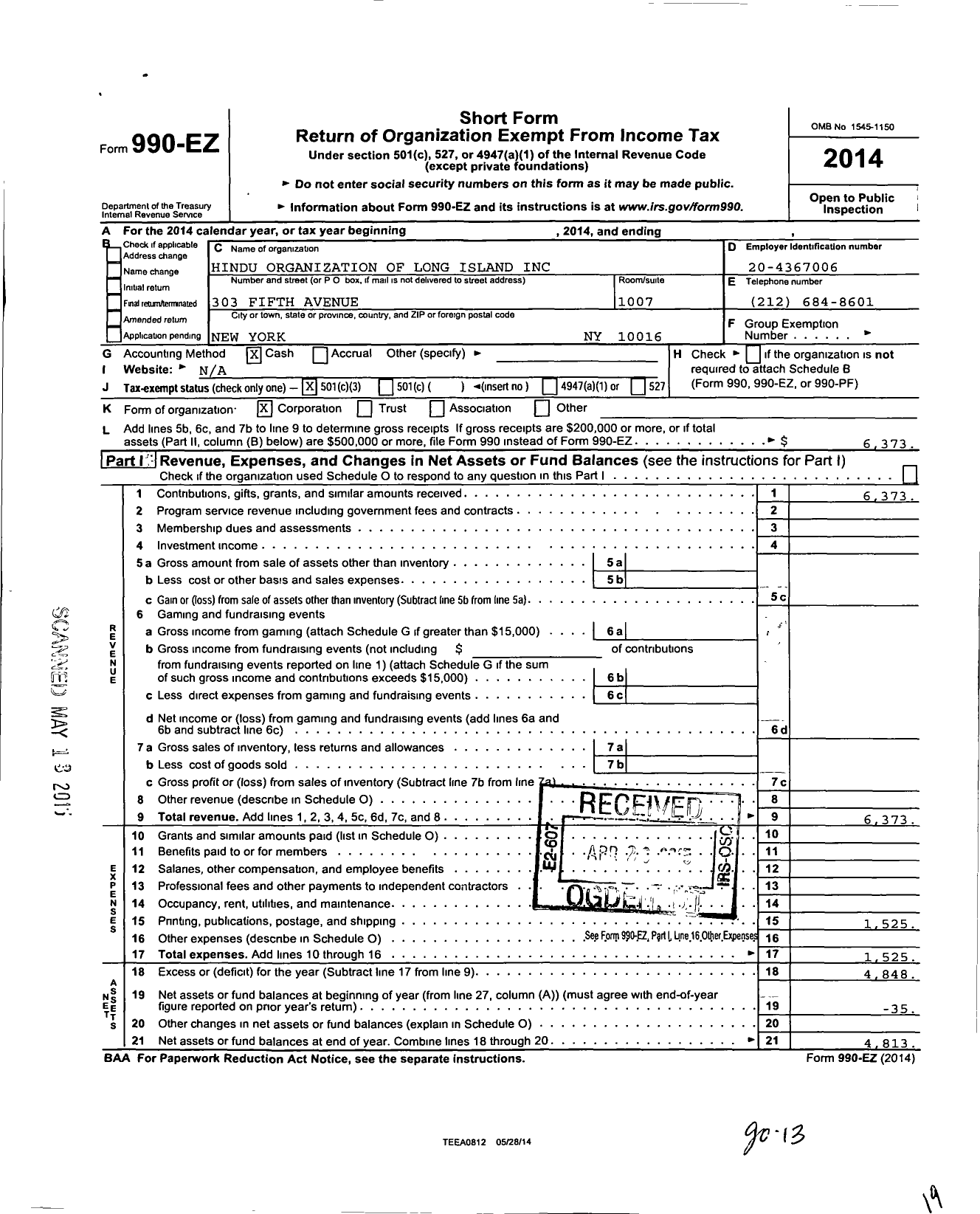 Image of first page of 2014 Form 990EZ for Us-India Pragati Foundation Inc