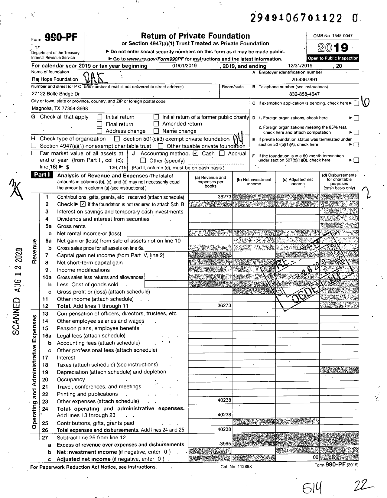 Image of first page of 2019 Form 990PR for Raj Hope Foundation