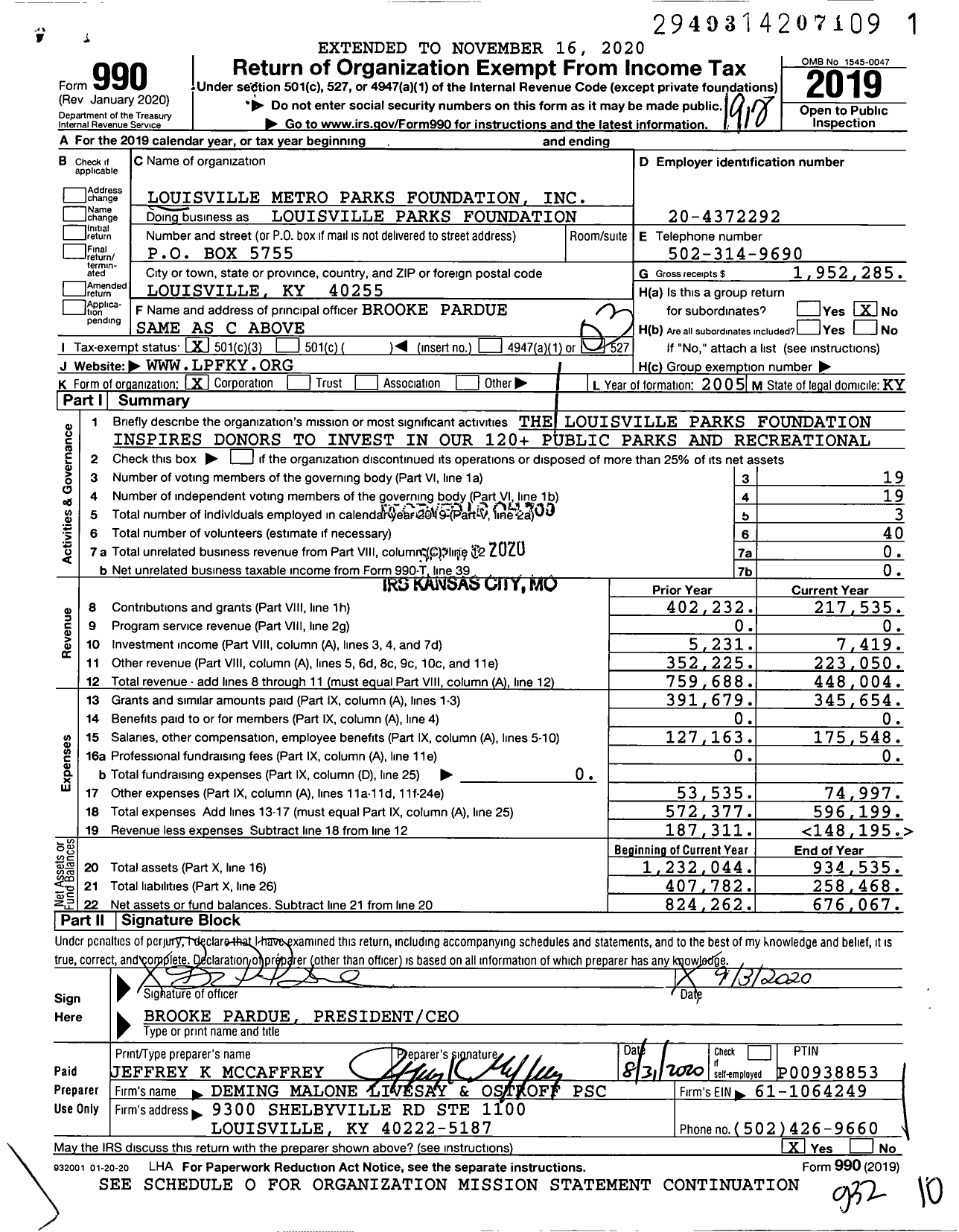 Image of first page of 2019 Form 990 for Parks Alliance of Louisville