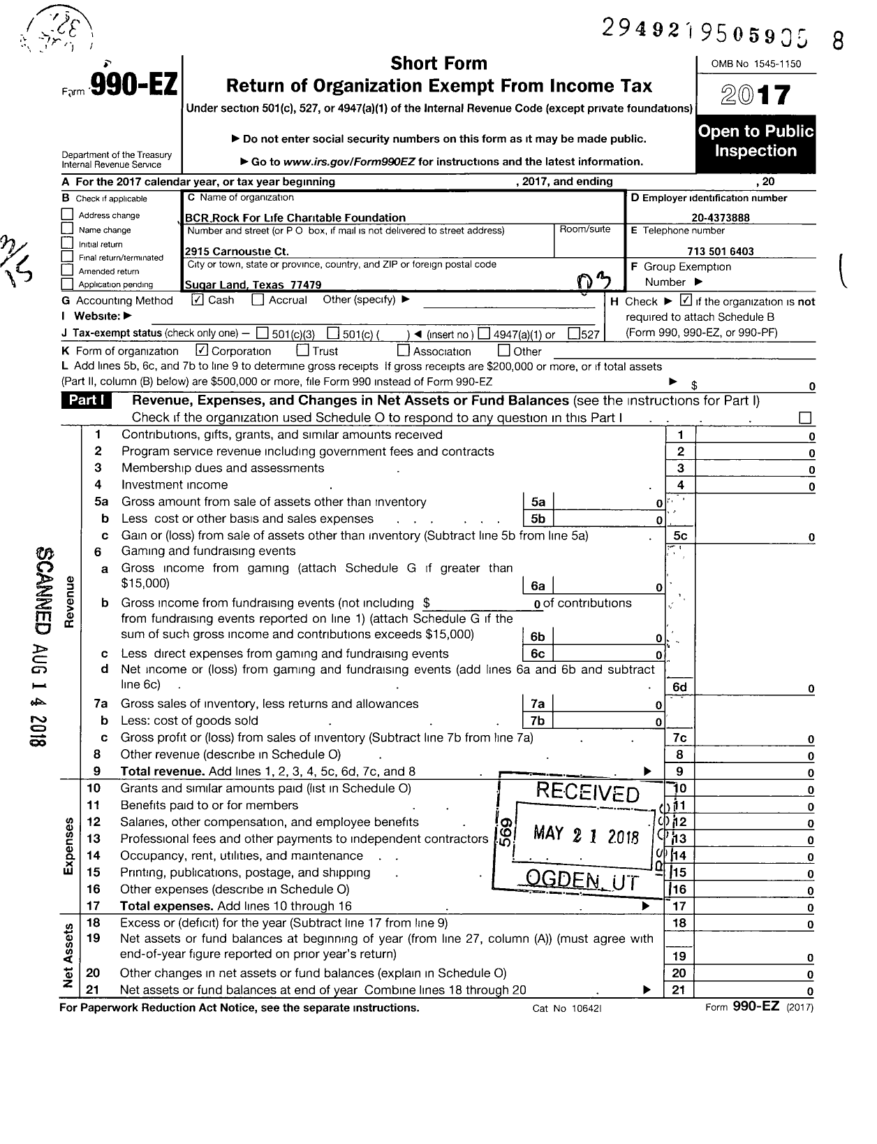 Image of first page of 2017 Form 990EZ for BCR Rock for Life Charitable Foundation