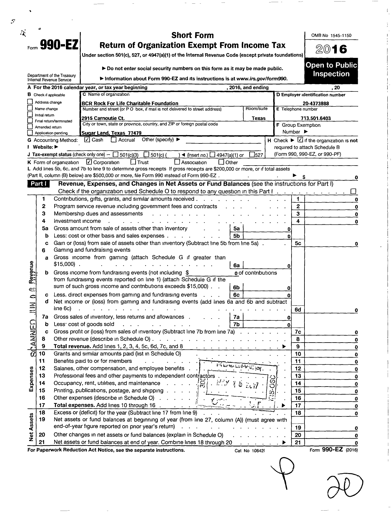 Image of first page of 2016 Form 990EO for BCR Rock for Life Charitable Foundation