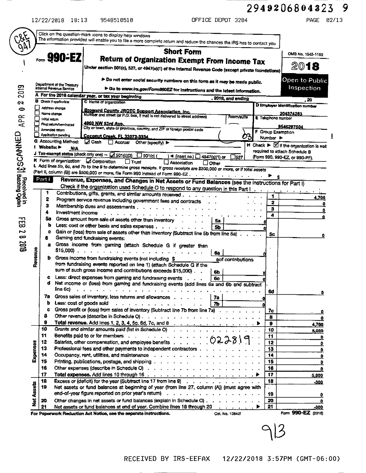 Image of first page of 2018 Form 990EZ for Broward County Jrotc Support Association