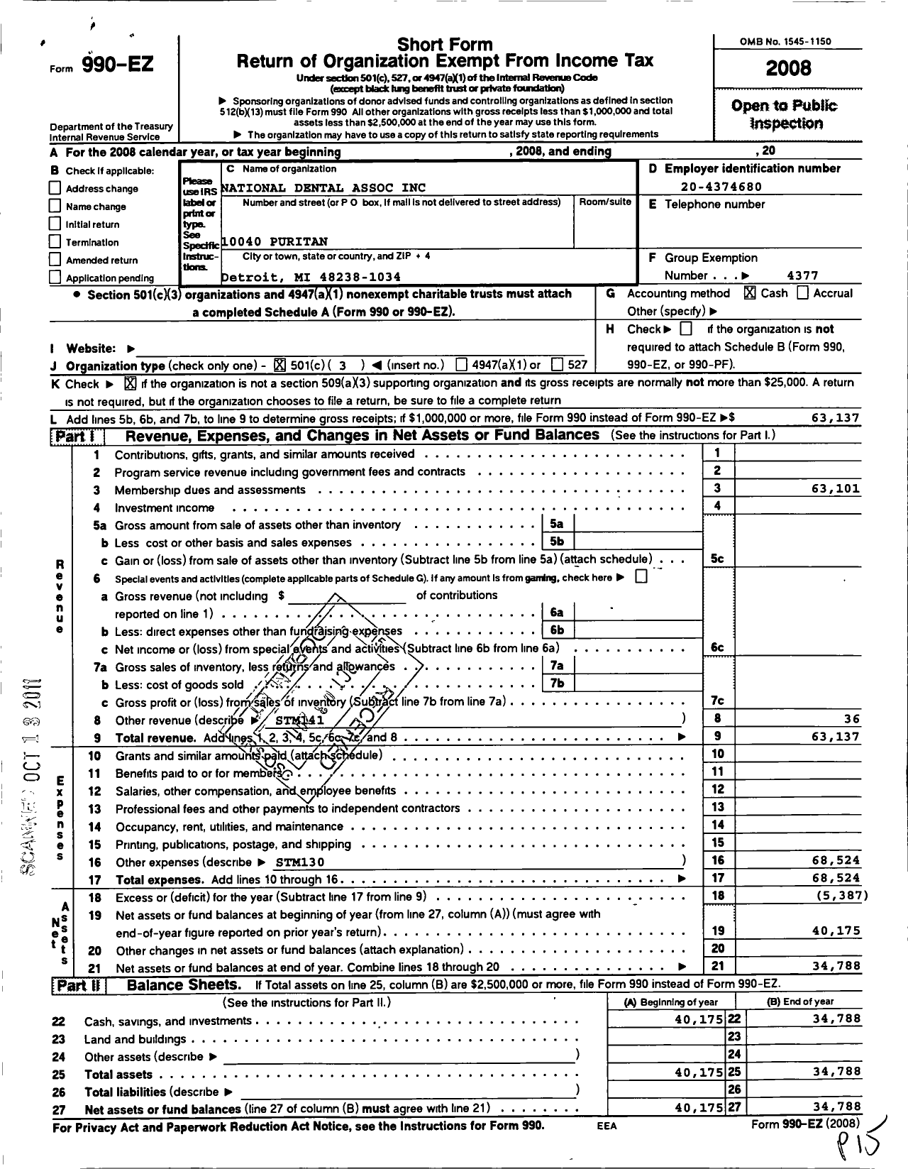 Image of first page of 2008 Form 990EZ for National Dental Association / Wolverine Dental Society Inc