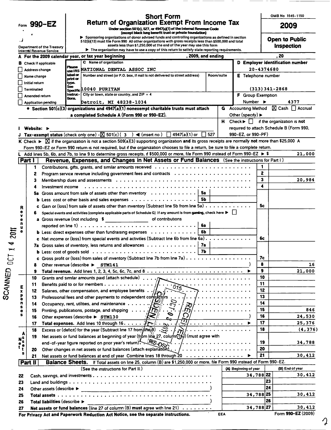 Image of first page of 2009 Form 990EZ for National Dental Association / Wolverine Dental Society Inc