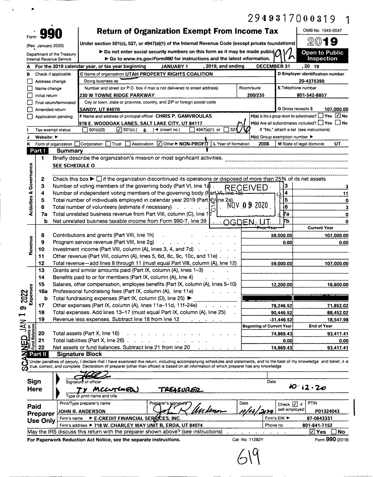 Image of first page of 2019 Form 990O for Utah Property Rights Coalition