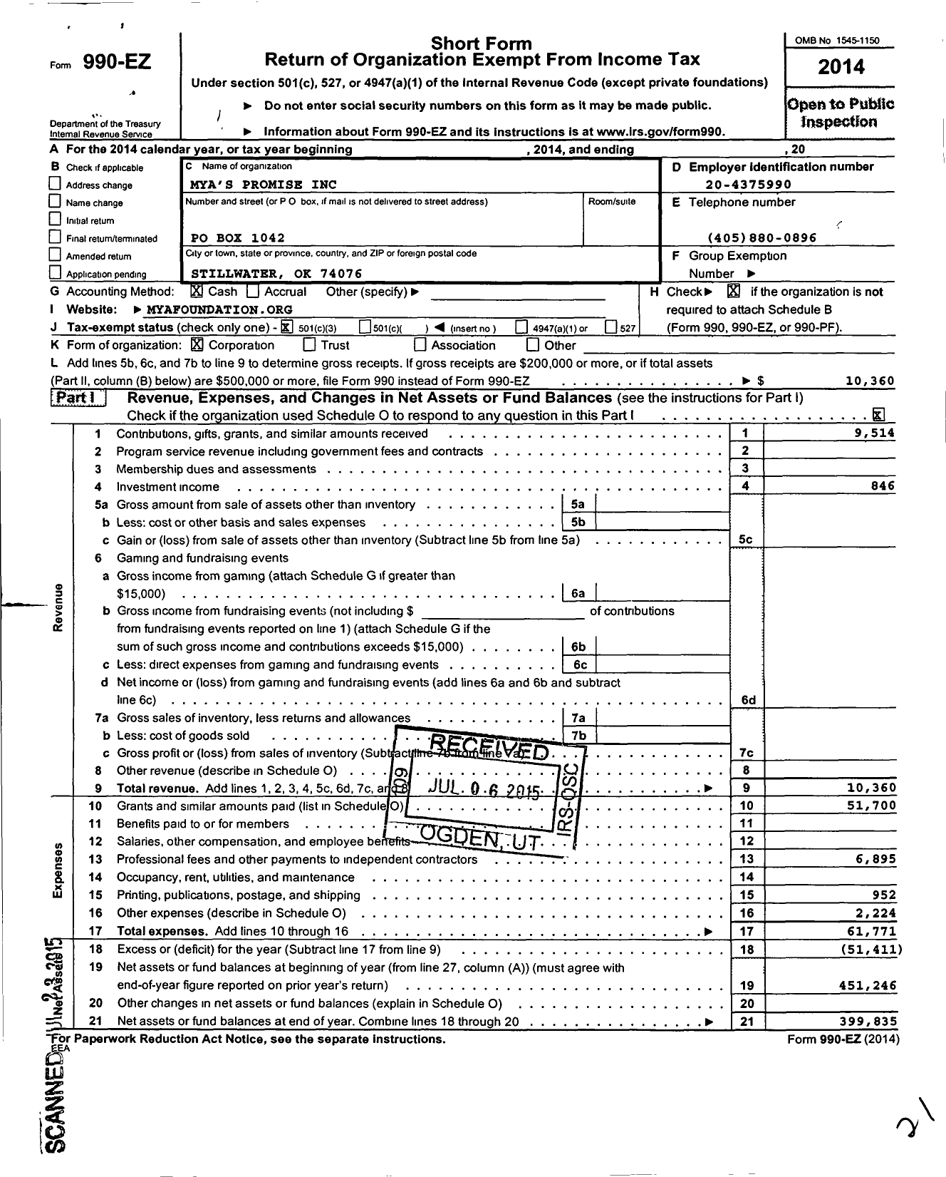 Image of first page of 2014 Form 990EZ for Myas Promise