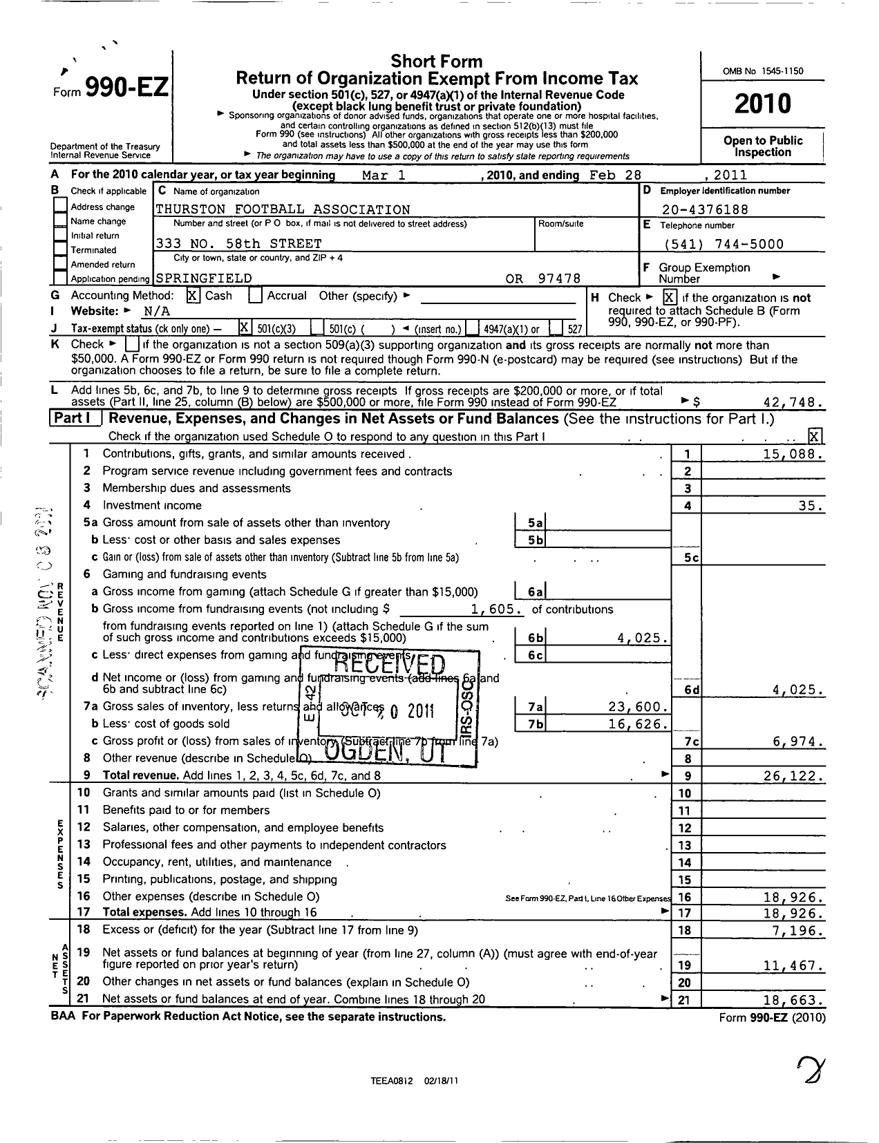 Image of first page of 2010 Form 990EZ for Thurston Football Association