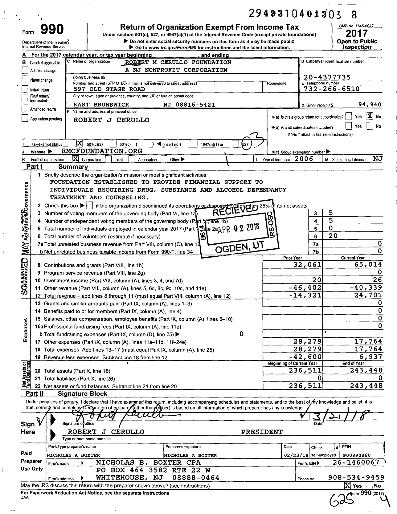 Image of first page of 2017 Form 990 for Robert M Cerullo Foundation A NJ Nonprofit Corporation