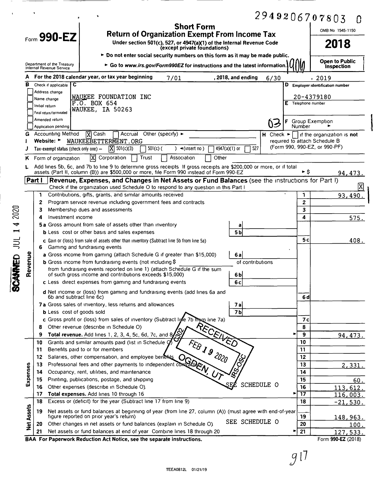 Image of first page of 2018 Form 990EZ for Waukee Foundation