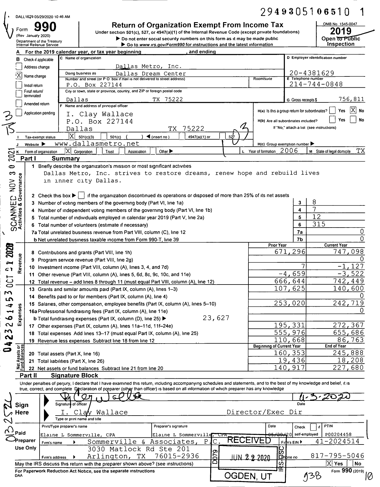 Image of first page of 2019 Form 990 for Dallas Dream Center