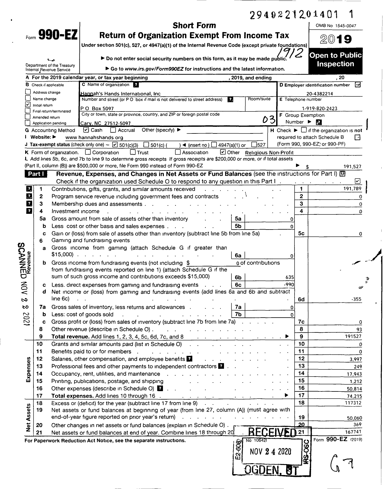 Image of first page of 2019 Form 990EZ for Hannah's Hands International