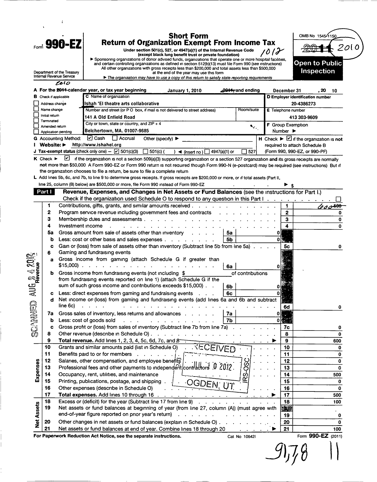 Image of first page of 2010 Form 990EZ for Ishah El Theatre Arts Collaborative