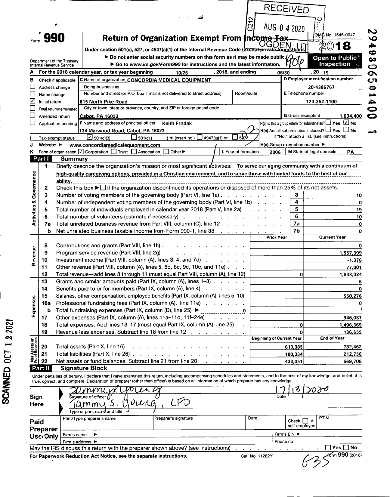 Image of first page of 2018 Form 990 for Concordia Medical Equipment