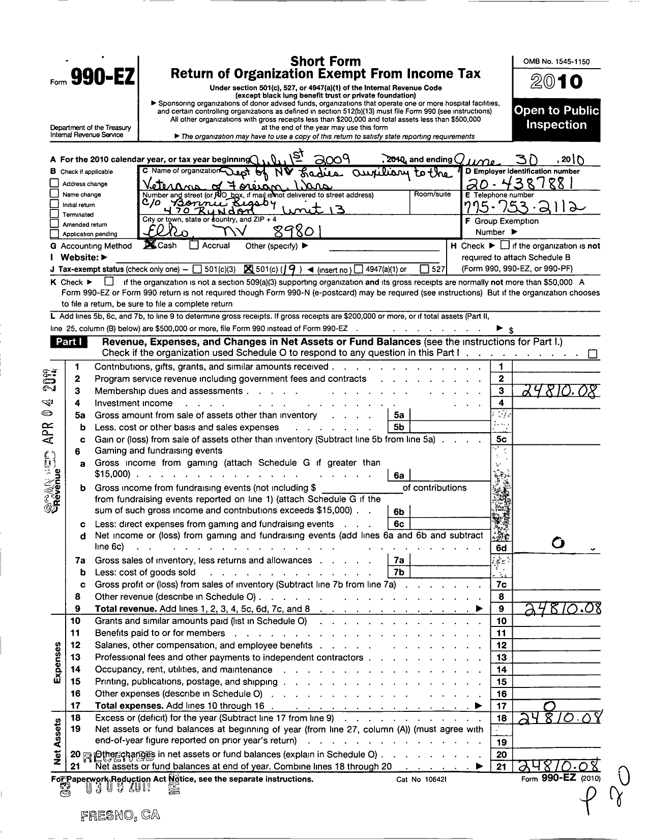 Image of first page of 2009 Form 990EO for VFW of the United States Auxiliary To Department of Nevada