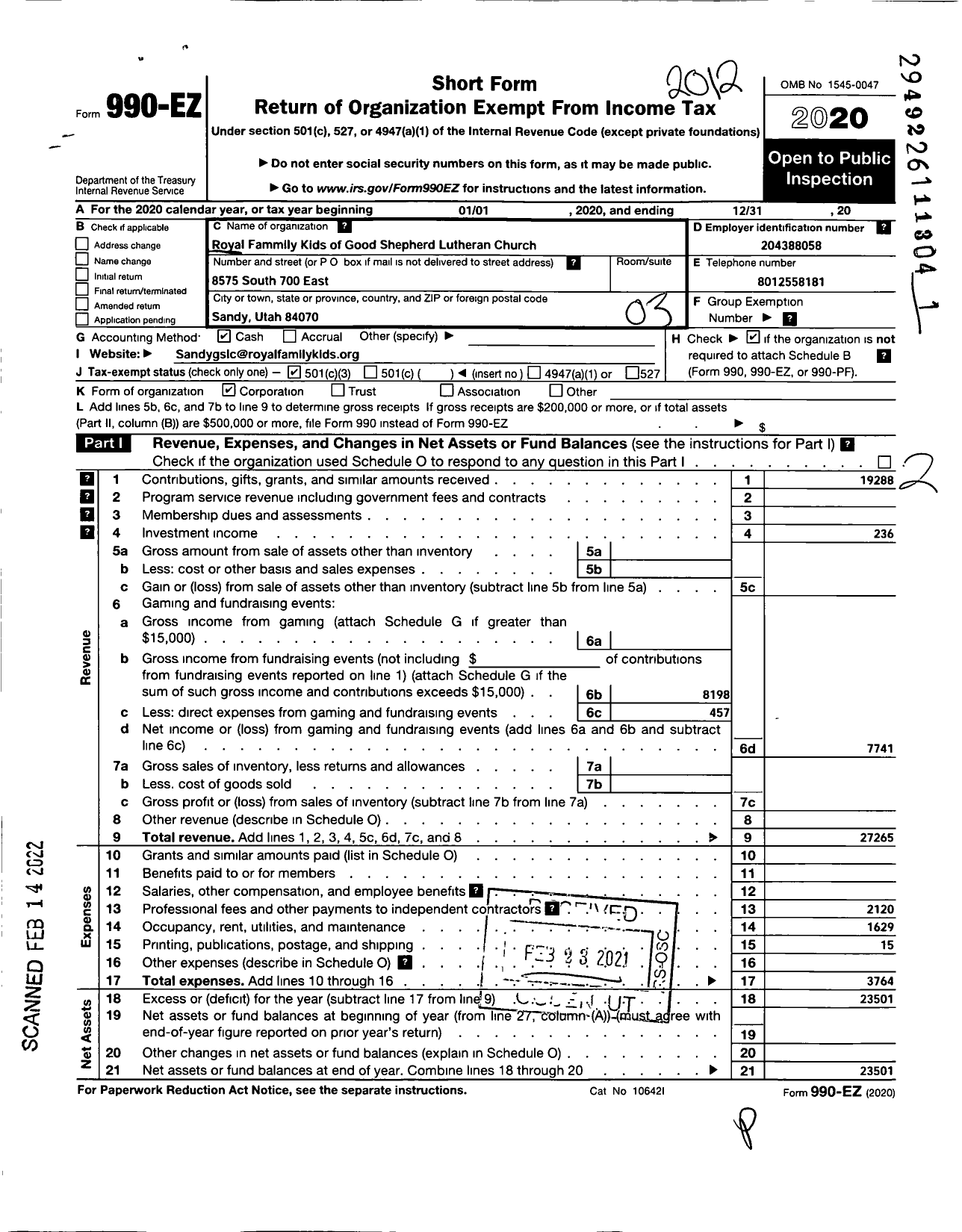 Image of first page of 2020 Form 990EZ for Utah Royal Kids