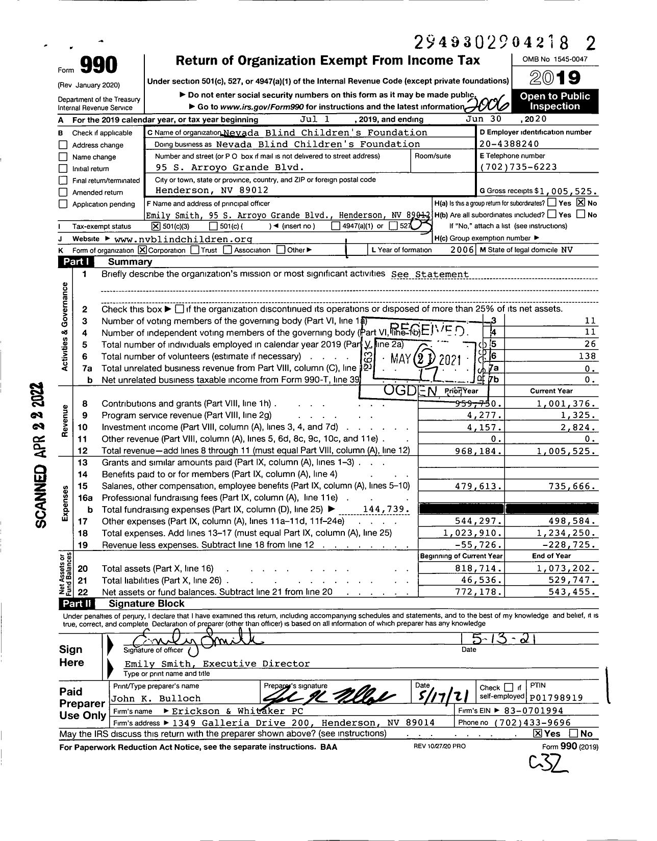 Image of first page of 2019 Form 990 for Nevada Blind Children's Foundation