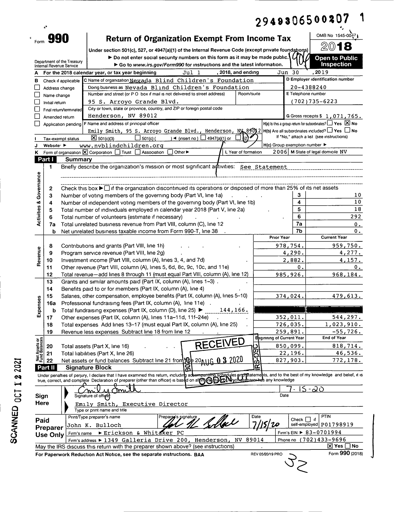 Image of first page of 2018 Form 990 for Nevada Blind Children's Foundation